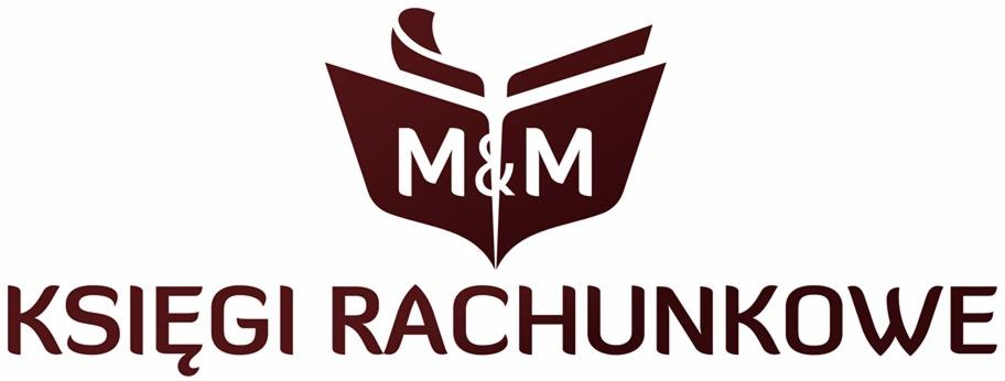 Logo firmy 'M&M Księgi Rachunkowe' przedstawiające otwartą książkę w kolorze bordowym z napisem 'M&M' w środku oraz nazwą firmy poniżej.