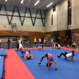 Grupowe zajęcia gimnastyczne dla dzieci w hali sportowej, z dziewczynkami wykonującymi mostki i inne ćwiczenia na niebiesko-czerwonej macie pod nadzorem instruktora.