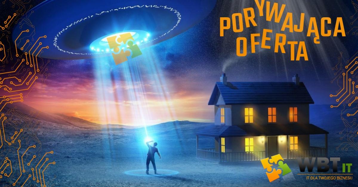 Grafika koncepcyjna przedstawiająca UFO porywające element układanki, z domem w tle, sugerująca innowacyjne rozwiązania IT dla biznesu, z elementami wizualnymi obwodów drukowanych i hasłem...