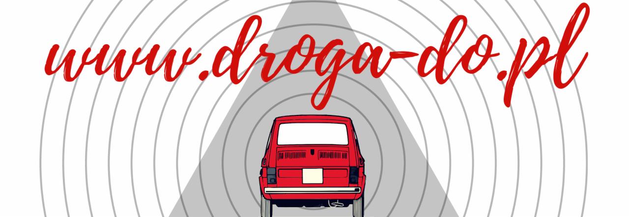 Stylizowana grafika przedstawiająca czerwony samochód jadący w kierunku widza, z tyłu, na tle białych koncentrycznych okręgów i napisu 'www.droga-do.pl' wykonanego ozdobną, czerwoną czcionką.