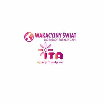 Logo biura podróży Wakacyjny Świat Doradcy Turystyczni z globusem i słońcem w kolorach fioletu i pomarańczy, poniżej logo ITA Agencja Turystyczna.