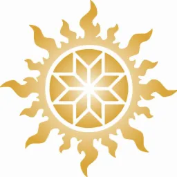 Złota ikona słońca z ośmioramienną gwiazdą w centrum i płomieniami na obrzeżach, stylizowana grafika.