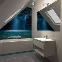Wykończona łazienka na poddaszu ze ścianą z motywem wodospadu, białą wanną i umywalką z szafką, szare płytki podłogowe i ścienne, oświetlenie sufitowe.