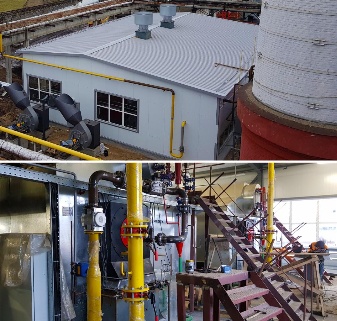 Zewnętrzny widok kotłowni z kominem i wentylatorami, oraz wewnętrzny widok z instalacją rurową, schodami i elementami kotła w trakcie montażu.