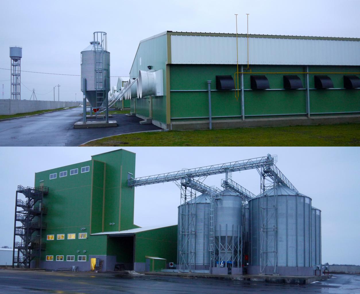 Dwa ujęcia przemysłowego kompleksu budynków w zielonej kolorystyce z silosami zbożowymi i zbiornikiem na wodę, widoczne elementy instalacji wentylacyjnych i rurociągi.