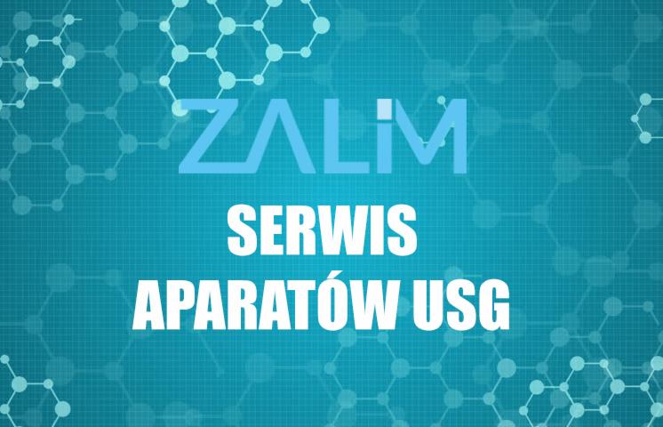 Grafika z logotypem ZALIM i tekstem 'Serwis Aparatów USG' na tle z motywem molekularnym i siatką.