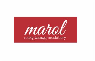 Logo firmy Marol w czerwonym prostokącie z białym napisem 'marol' nad 'rolety, żaluzje, moskitiery' na białym tle.