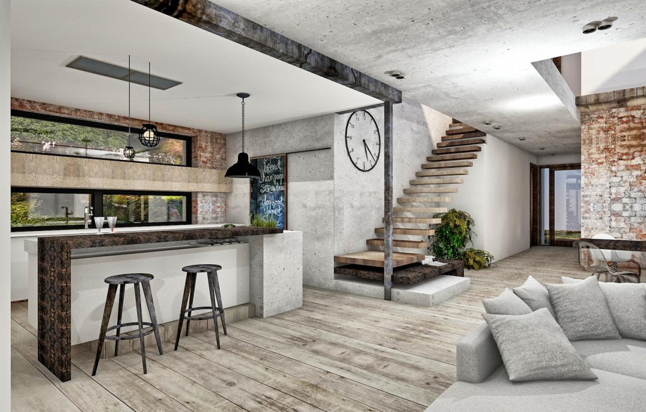 Nowoczesne wnętrze w Warszawie: surowa kuchnia z barkiem i stołkami barowymi, schody z drewnianymi stopniami, betonowe ściany i podłoga z desek, minimalistyczny design.