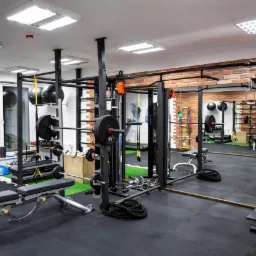 Profesjonalna siłownia z czarną podłogą, sztuczną trawą, sprzętem do ćwiczeń siłowych, lustrami i ścianą z cegły.