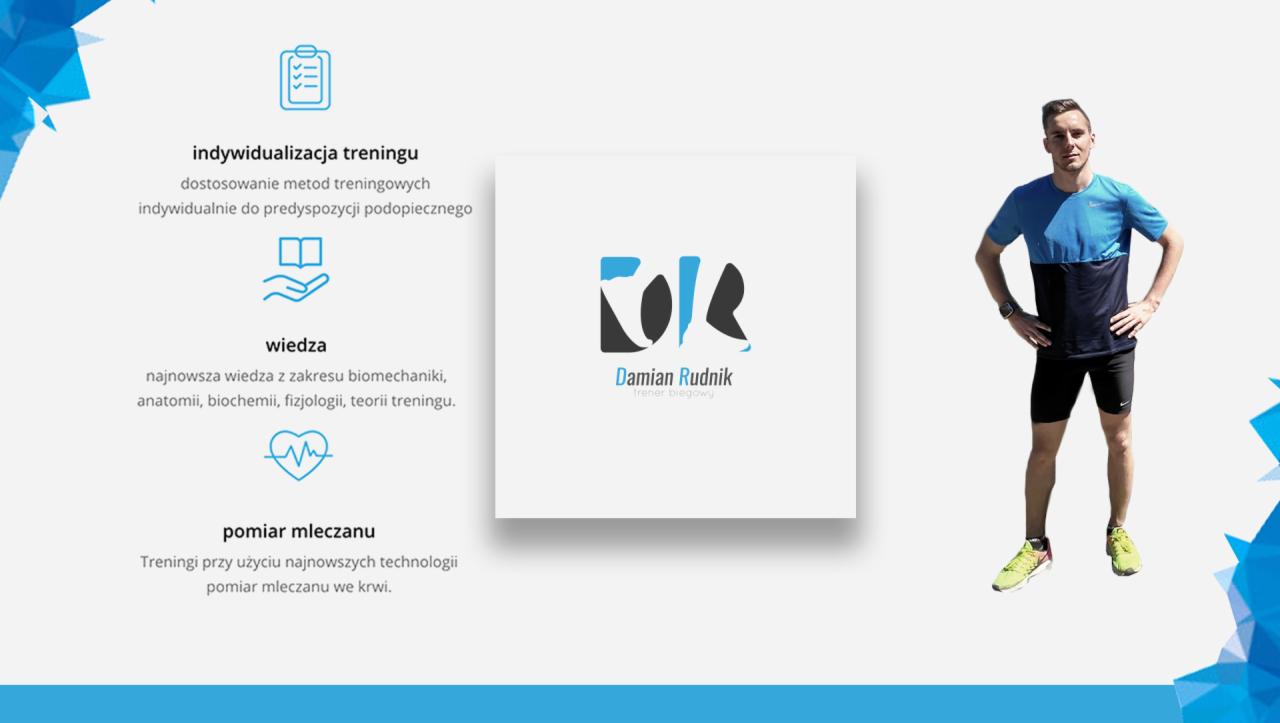 Grafika reklamowa prezentująca usługi indywidualizacji treningu biegowego, wiedzę z zakresu biomechaniki oraz pomiar mleczanu, obok sylwetka mężczyzny w stroju sportowym.