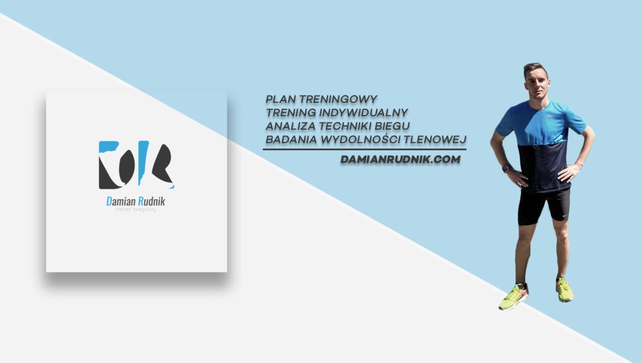 Trener biegania Damian Rudnik prezentuje ofertę: plan treningowy, trening indywidualny, analiza techniki biegu, badania wydolności tlenowej. Widoczne logo i strona internetowa trenera.