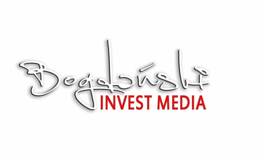 Logo firmy z odręcznym napisem i czerwonym dopiskiem 'INVEST MEDIA' na białym tle.