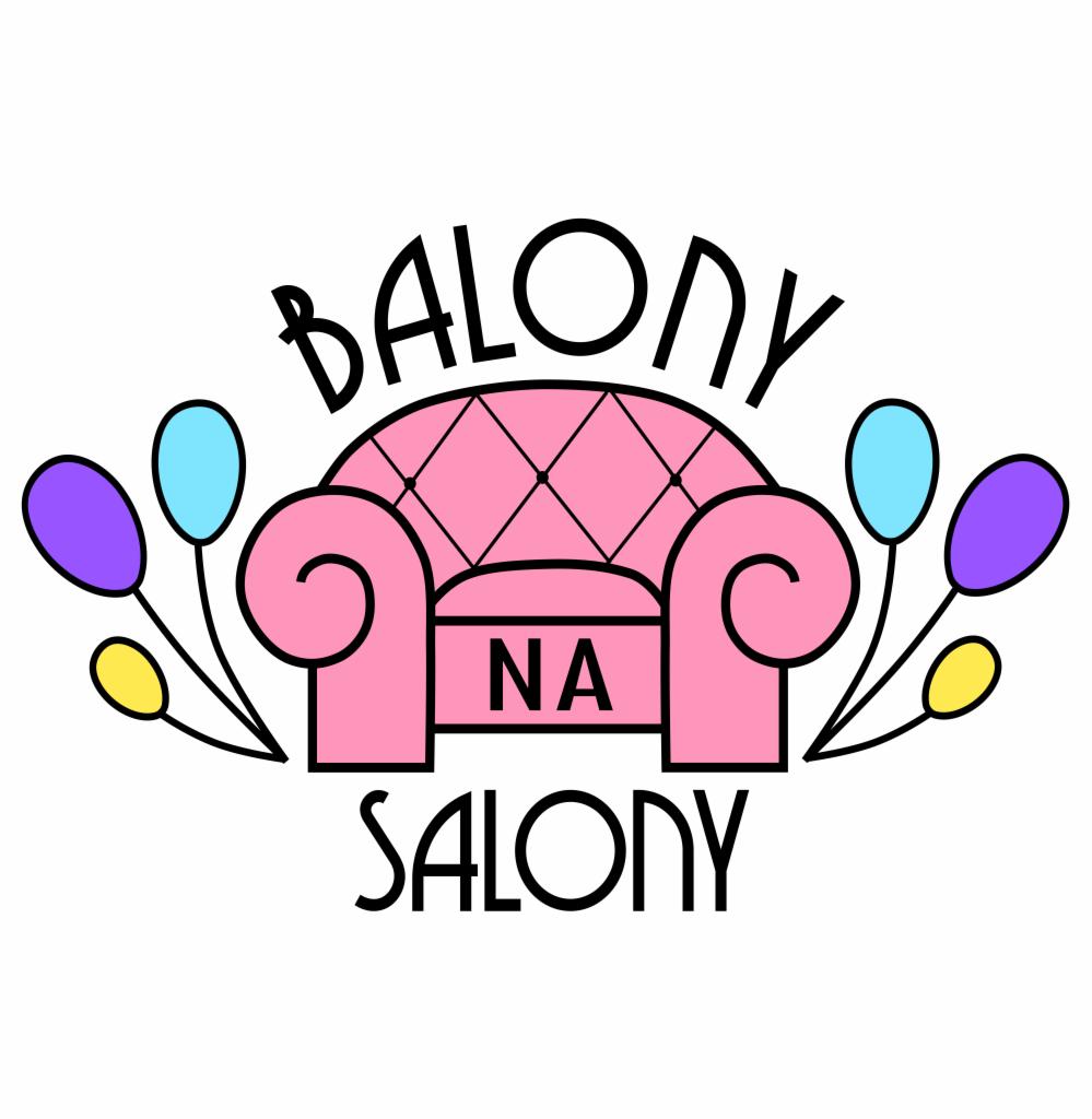 Ilustracja logo firmy z nazwą 'Balony na salony', przedstawiająca różowy fotel z balonami w kolorach fioletowym, niebieskim i żółtym.