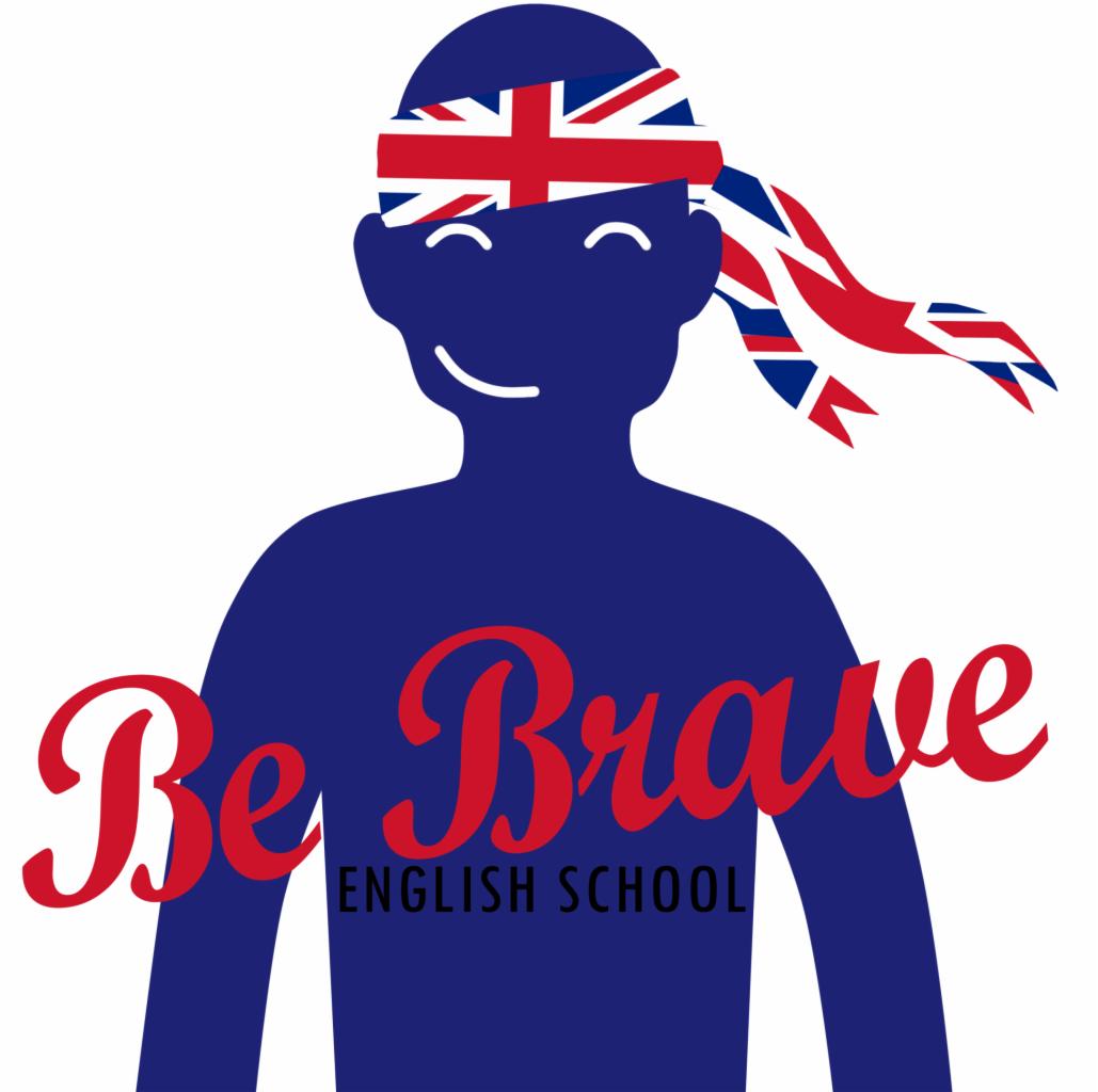 Grafika przedstawiająca sylwetkę osoby w kolorze granatowym z uśmiechem, przepaską na głowie w barwach flagi Wielkiej Brytanii i napisem 'Be Brave ENGLISH SCHOOL' w kolorze czerwonym.