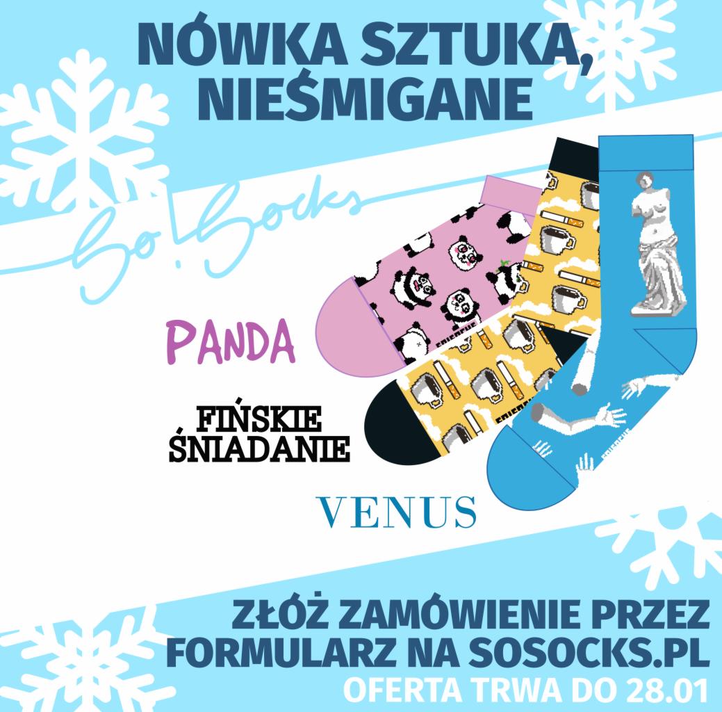 Reklama sklepu So!Socks prezentująca trzy pary wzorzystych skarpet: z pandami, motywem fińskiego śniadania i posągiem Wenus.