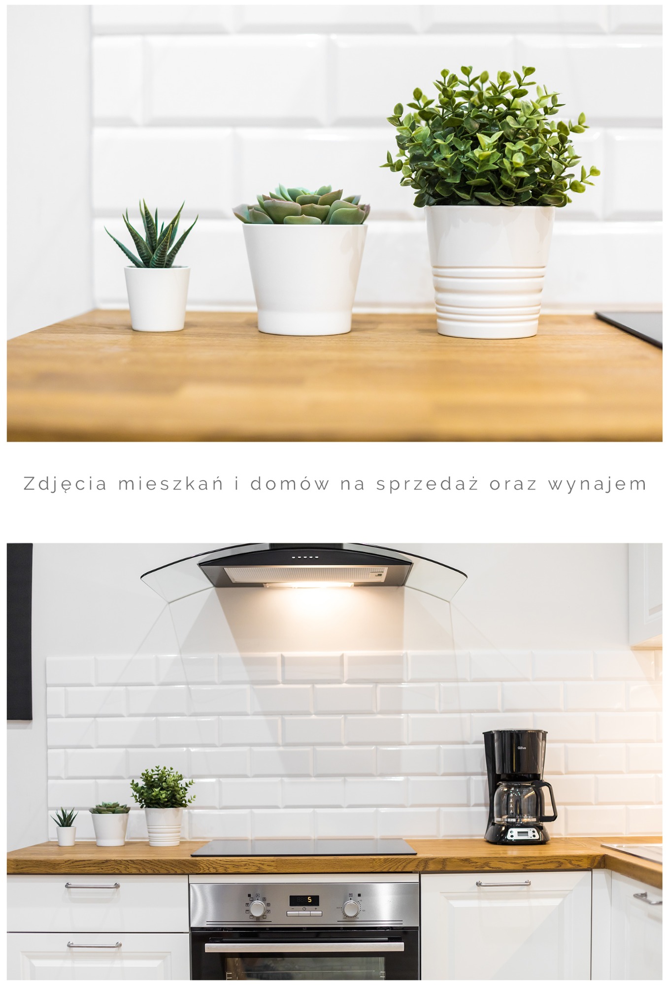 Minimalistyczna kuchnia z białymi szafkami, drewnianym blatem i trzema roślinami doniczkowymi na blacie, czarny ekspres do kawy w tle.