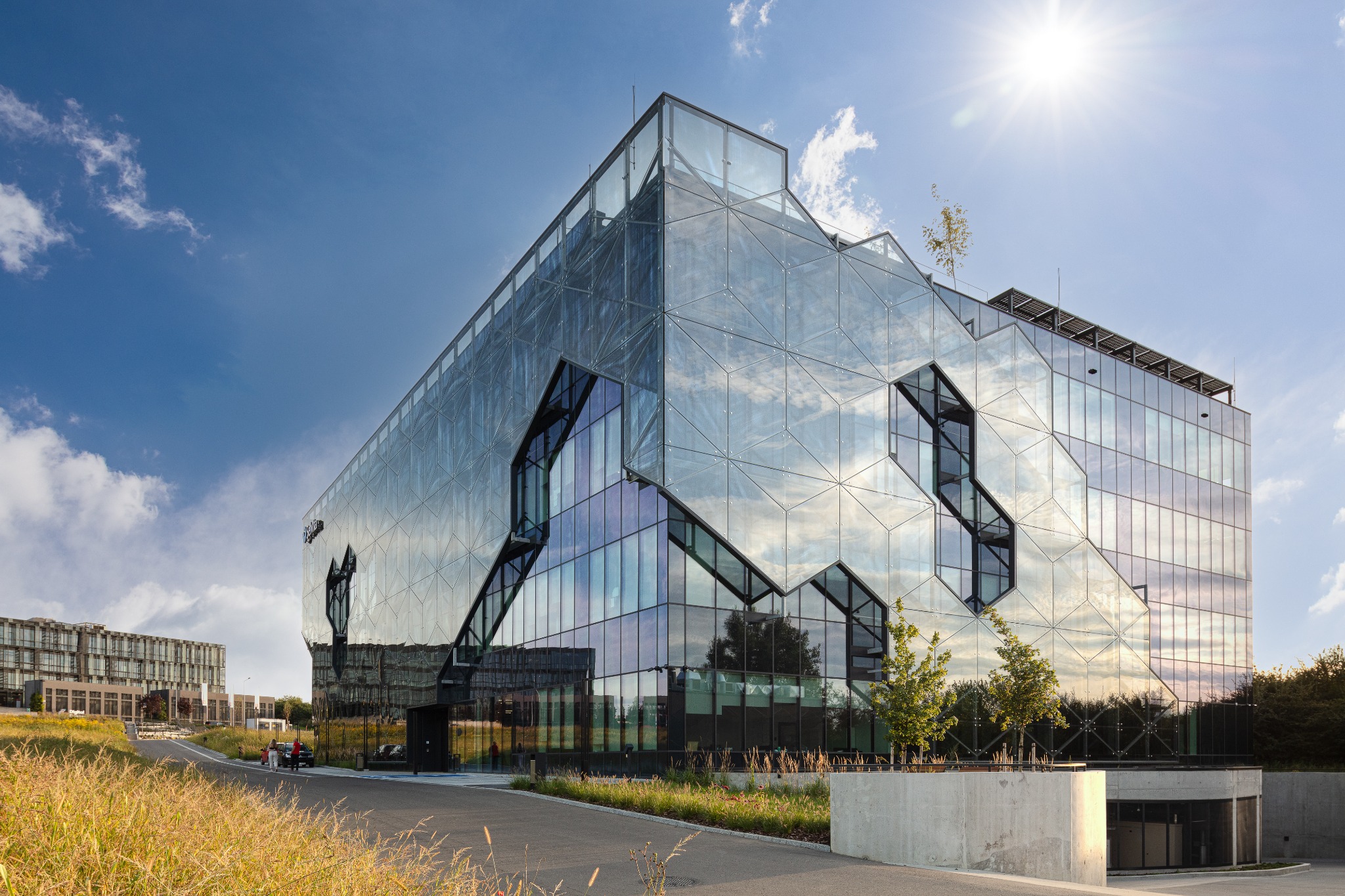 Nowoczesny budynek biurowy z elewacją ze szkła o geometrycznym wzorze, z widocznymi odbiciami nieba i zieleni, otoczony krajobrazem z trawami i ścieżką.