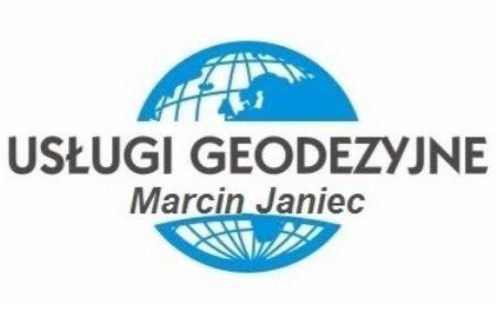 Logo firmy geodezyjnej: błękitny glob ziemski z siatką kartograficzną, napis 'USŁUGI GEODEZYJNE' i imię i nazwisko 'Marcin Janiec'.