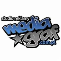 Logo studia reklamy Media Graf z gwiazdą i adresem strony internetowej na białym tle.