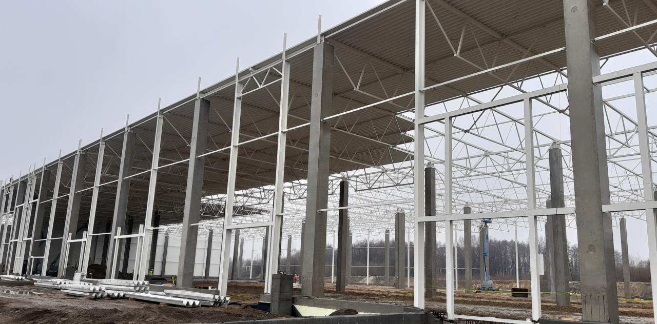 Konstrukcja stalowa hali produkcyjnej z widocznymi betonowymi słupami i elementami dachu w trakcie montażu, na tle pochmurnego nieba.