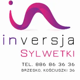 Logo firmy 'Inwersja Sylwetki' z fioletowym gradientowym symbolem graficznym, nazwą firmy, numerem telefonu i adresem w Brzesku.