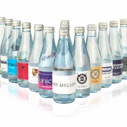 Rząd butelek wody mineralnej z różnymi etykietami, prezentacja identyfikacji wizualnej marek, białe tło.