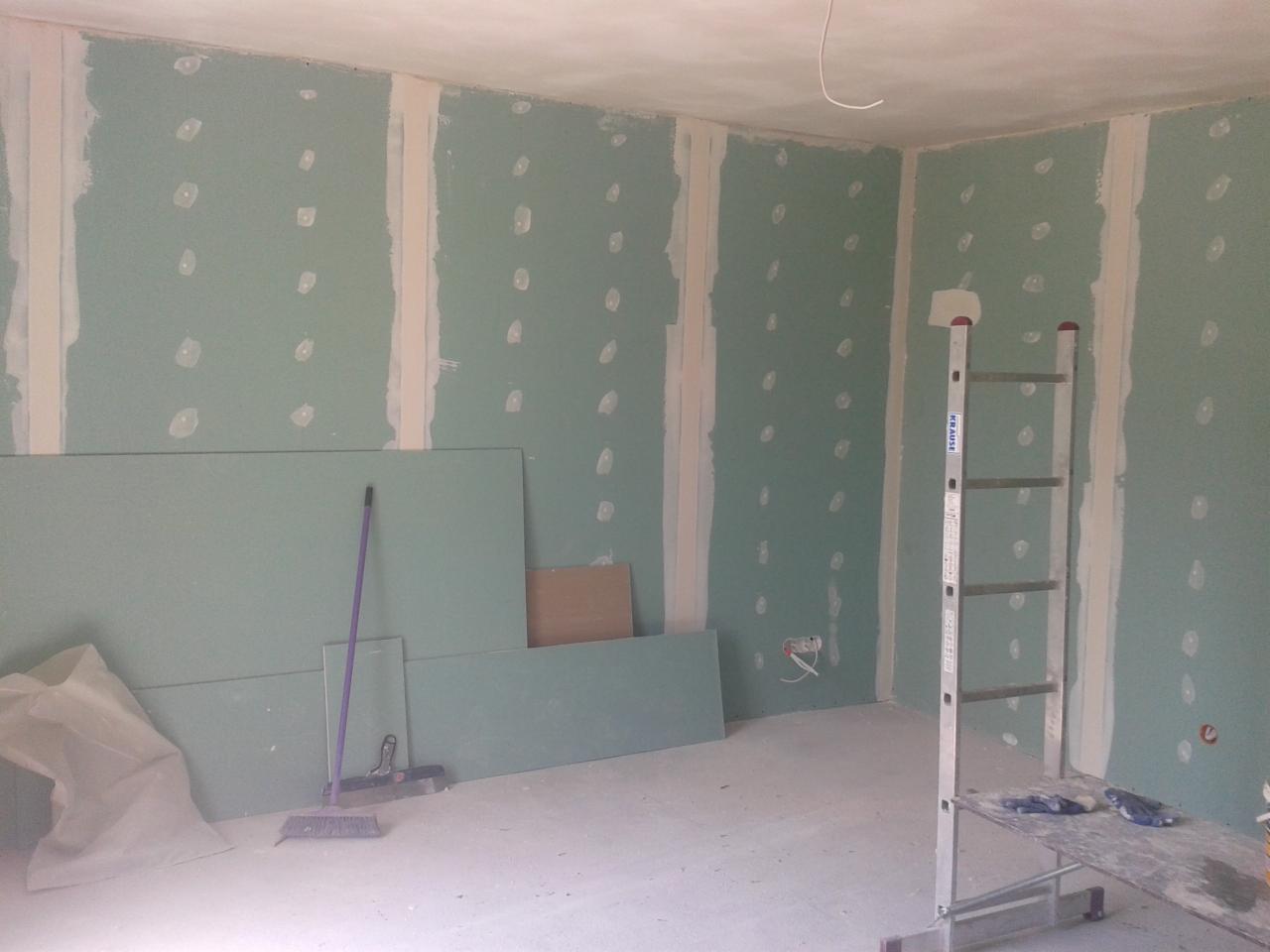 Pokój w trakcie prac wykończeniowych: ściany z płyt gipsowo-kartonowych, częściowo zaszpachlowane, widoczna drabina, płyty gipsowe oparte o ścianę, oraz fioletowa zmiotka.