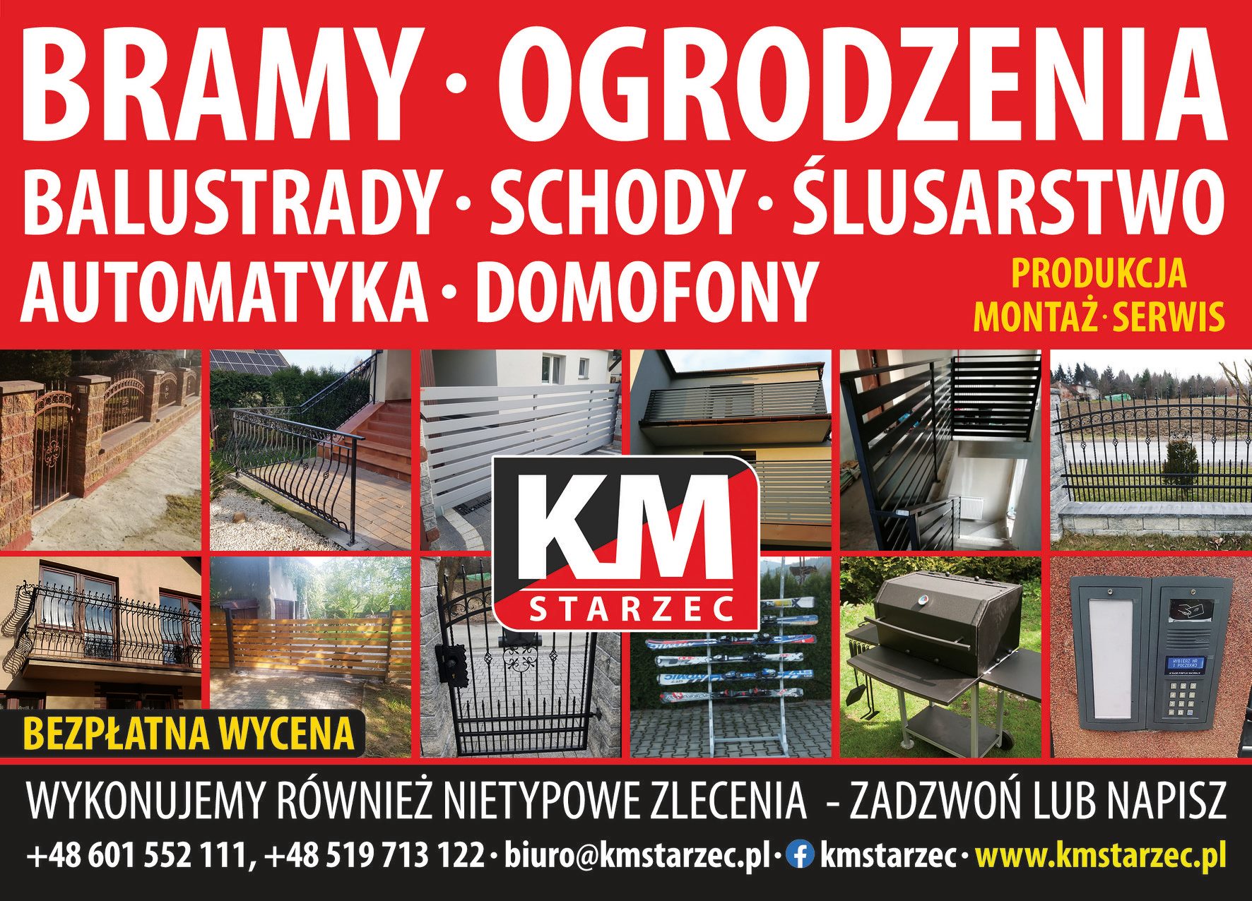 Kompozycja zdjęć prezentujących bramy, ogrodzenia, balustrady, schody, automatykę i domofony, z logo firmy KM Starzec na centralnym kafelku.