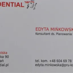 Wizytówka konsultanta ds. planowania finansowego Edyty Mińkowskiej z Prudential Polska, zawierająca logo firmy, adres, numer telefonu i adres e-mail.