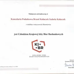Skan certyfikatu członkostwa w Krajowej Izbie Biur Rachunkowych Kancelarii Podatkowej Brand Kołaczek Izabela Kołaczek z siedzibą w Skierniewicach, ważny do 31-12-2024, podpisany przez Prezes...