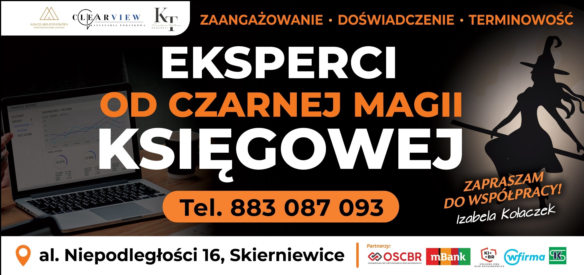 Reklama biura rachunkowego z motywem czarnej magii i sylwetką czarownicy na miotle, laptop z wykresem finansowym, logotypy partnerów i dane kontaktowe.