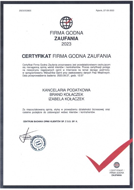 Skan certyfikatu 'Firma Godna Zaufania 2023' dla Kancelarii Podatkowej Brand Kołaczek Izabela Kołaczek, z datą badania 27-09-2023 i znakiem graficznym firmy certyfikującej Centrum Badania Opinii...