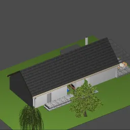 Wizualizacja 3D domu jednorodzinnego z ciemnym dachem, tarasem zadaszonym i starannie zaprojektowanym ogrodem z drzewami o różnych kolorach liści.