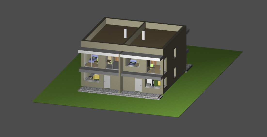 Wizualizacja 3D dwukondygnacyjnego domu dwurodzinnego z płaskim dachem, widok z lotu ptaka na tle zielonej trawy i szarego podłoża.