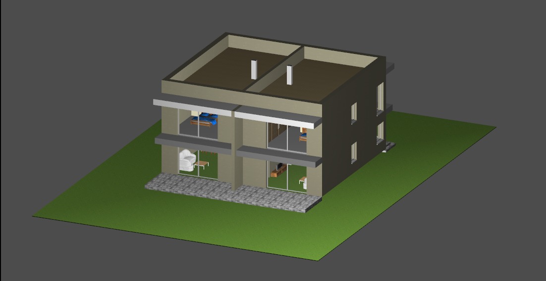 Wizualizacja 3D dwukondygnacyjnego domu bliźniaczego z płaskim dachem, z widocznym umeblowaniem wnętrz, na zielonym trawniku i szarym tle.