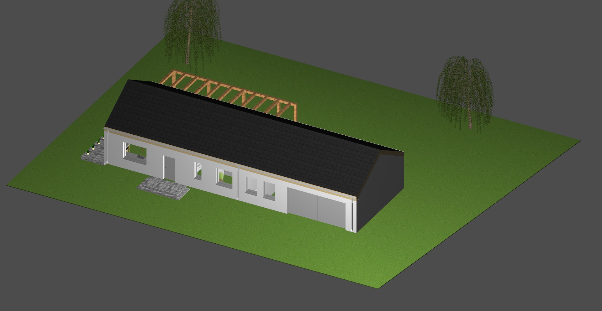 Wizualizacja 3D parterowego domu z dwuspadowym dachem, szarą elewacją i drewnianą konstrukcją zadaszenia tarasu, otoczonego zielonym terenem z dwoma drzewami.