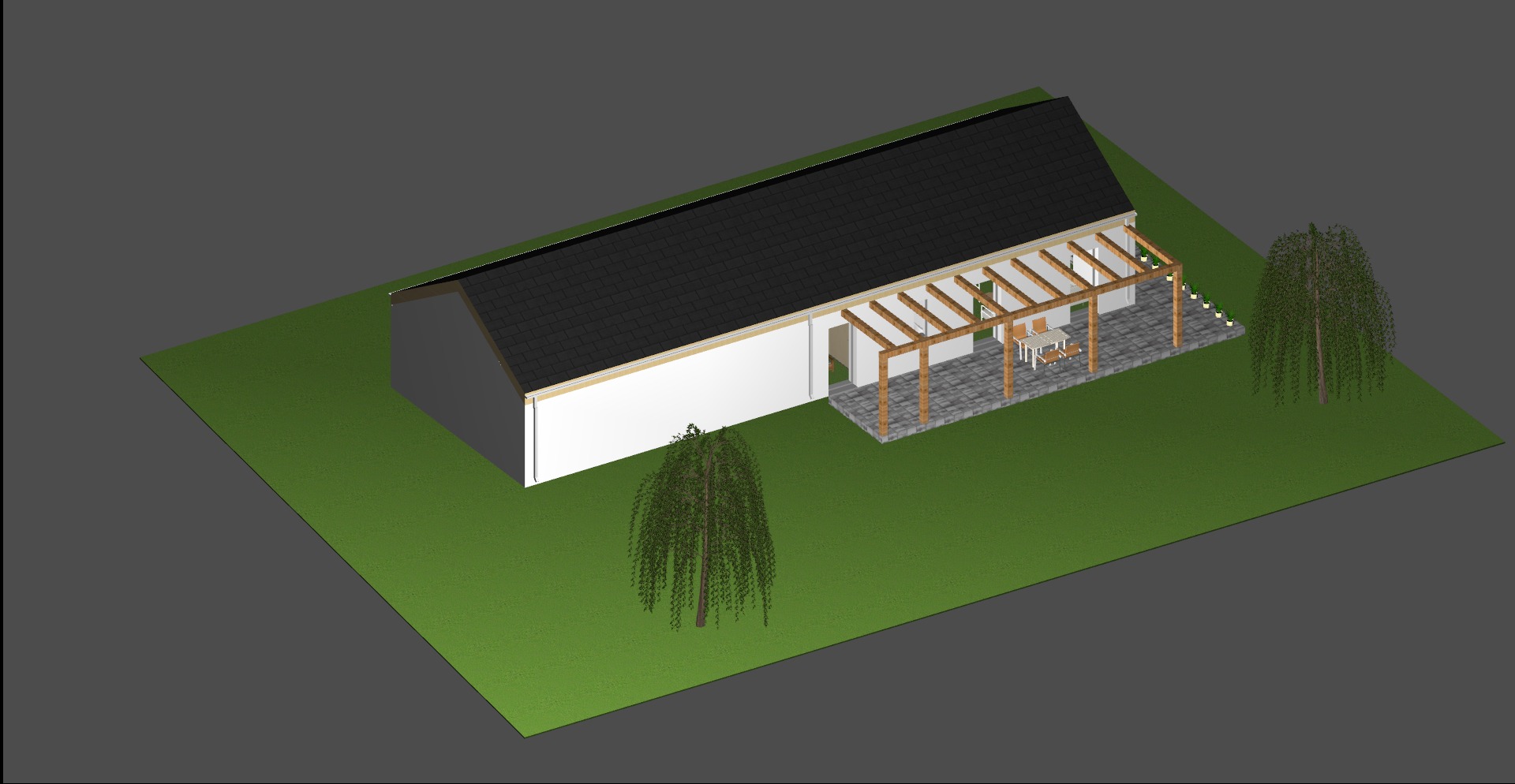 Wizualizacja 3D parterowego domu z pergolą i tarasem z kostki brukowej, otoczonego trawnikiem i drzewami.