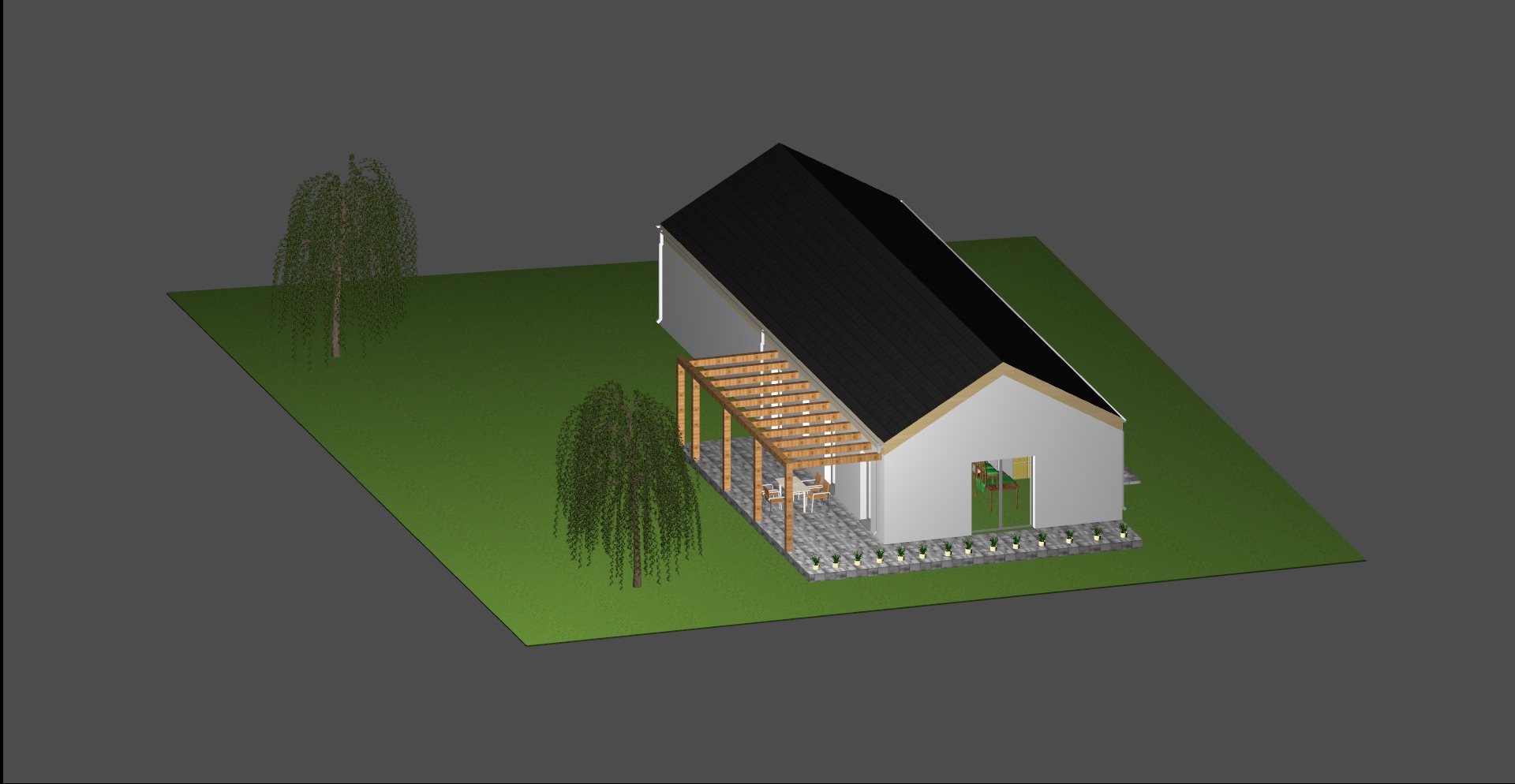 Wizualizacja 3D domu jednorodzinnego z pergolą nad tarasem, drzewami płaczącymi i oświetleniem rabatowym wzdłuż elewacji.