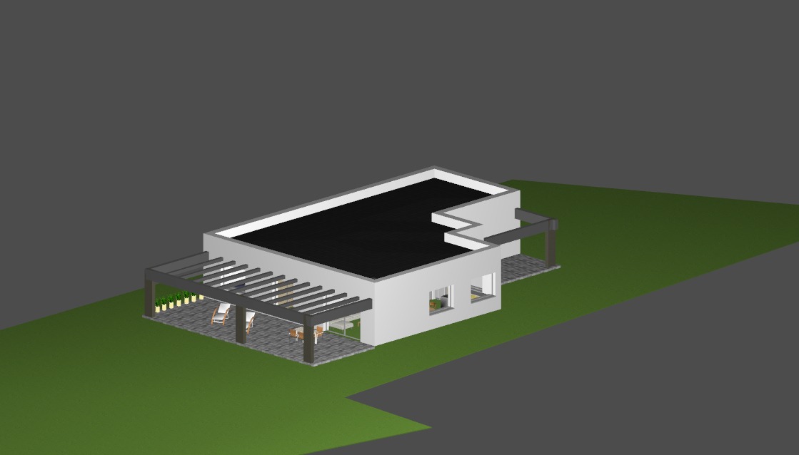 Wizualizacja 3D nowoczesnego domu z płaskim dachem i pergolą, widok z lotu ptaka na tle zielonej przestrzeni.