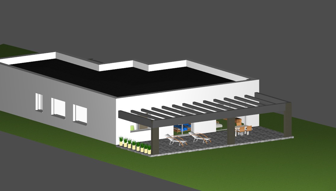 Wizualizacja 3D domu z płaskim dachem i zadaszonym tarasem z leżakami oraz stołem z krzesłami, otoczona zielenią.