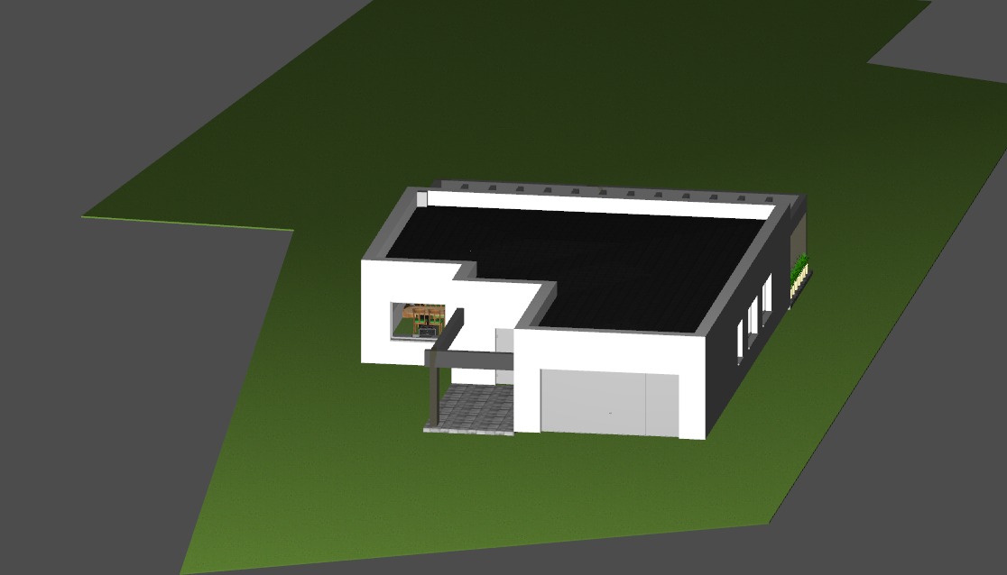 Wizualizacja 3D nowoczesnego, parterowego domu z płaskim dachem, garażem i zadaszonym tarasem, otoczonego zielonym terenem. Widoczne okno z wnętrzem oraz donica z roślinami na ścianie budynku.