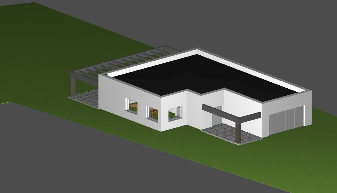 Wizualizacja 3D nowoczesnego domu z płaskim dachem, pergolą i garażem, otoczonego zielenią.