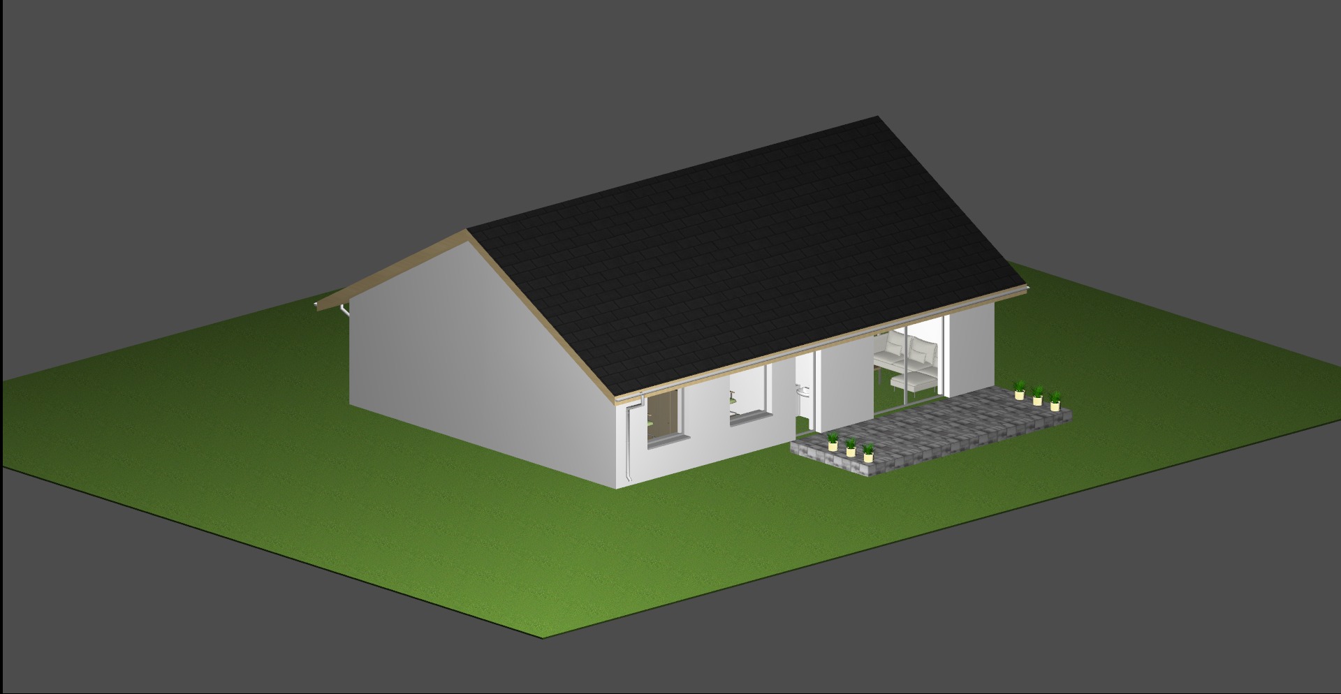 Wizualizacja 3D parterowego domu jednorodzinnego z czarnym dachem, jasnymi ścianami i kamiennym tarasem z doniczkami, prezentowana z lotu ptaka na zielonym trawniku.
