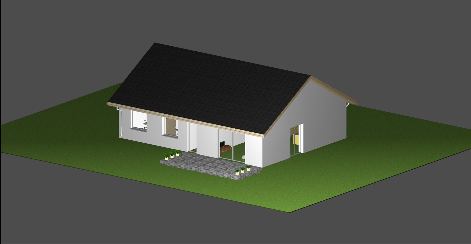 Wizualizacja 3D parterowego domu z ciemnym dachem, jasną elewacją, tarasem z kostki brukowej i zielonym trawnikiem, prezentowana z lotu ptaka na szarym tle.