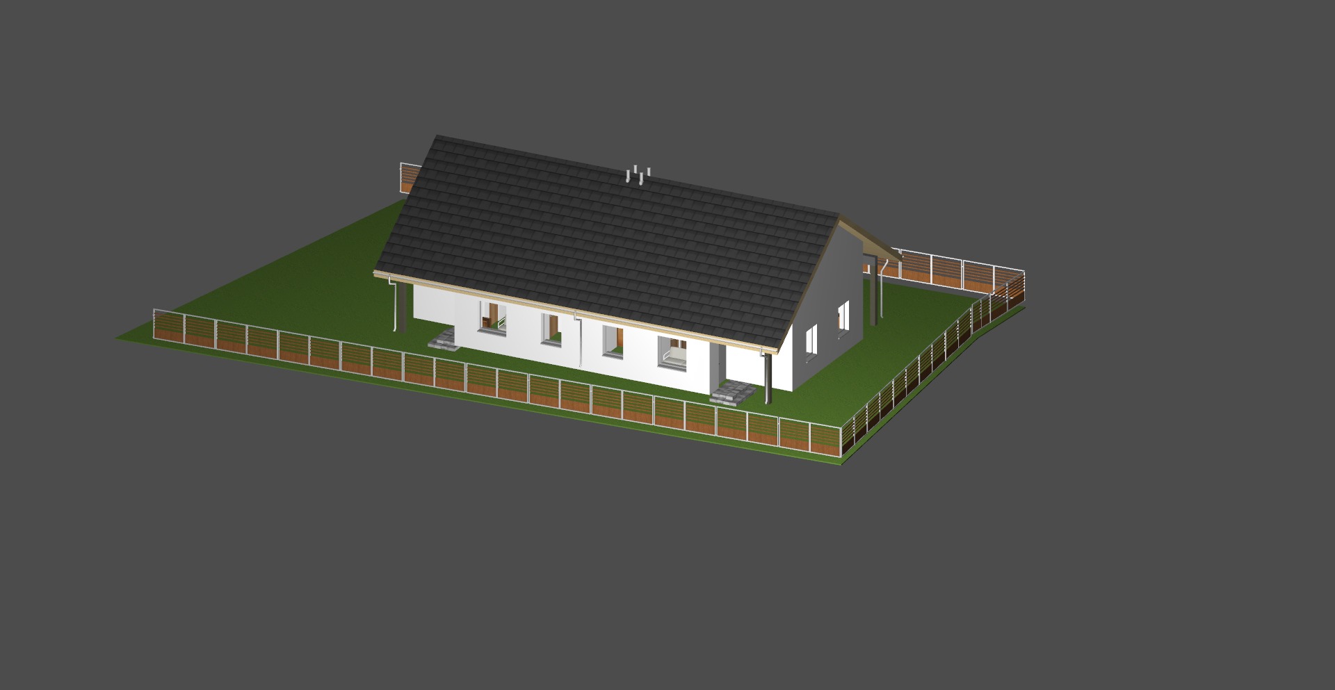 Wizualizacja 3D parterowego domu z szarym dachem i białymi ścianami, otoczonego zielonym trawnikiem i drewnianym ogrodzeniem.