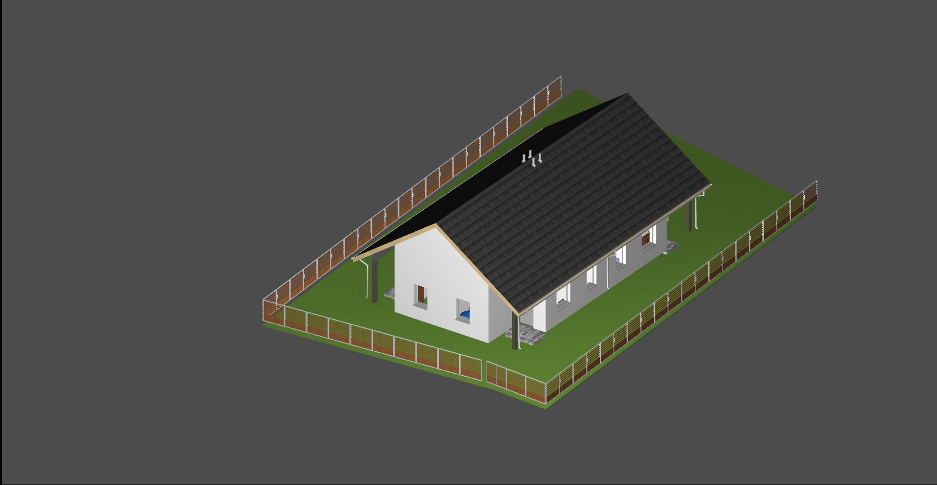 Wizualizacja 3D domu jednorodzinnego z ciemnym dachem, białymi ścianami i brązowym ogrodzeniem panelowym na zielonej działce, widok z góry.