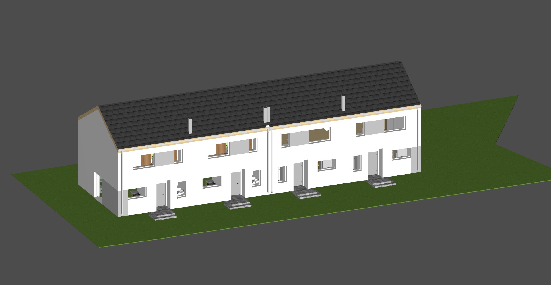 Wizualizacja 3D szeregu domów dwukondygnacyjnych z płaskim dachem i szarymi dachówkami, ukazująca projekt architektoniczny z oknami i drzwiami.