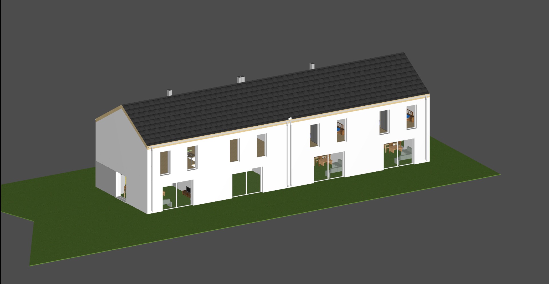 Wizualizacja 3D bliźniaka z białymi ścianami, ciemnoszarą dachówką i oknami z widocznym wyposażeniem wnętrz, umieszczona na zielonej powierzchni imitującej trawnik.