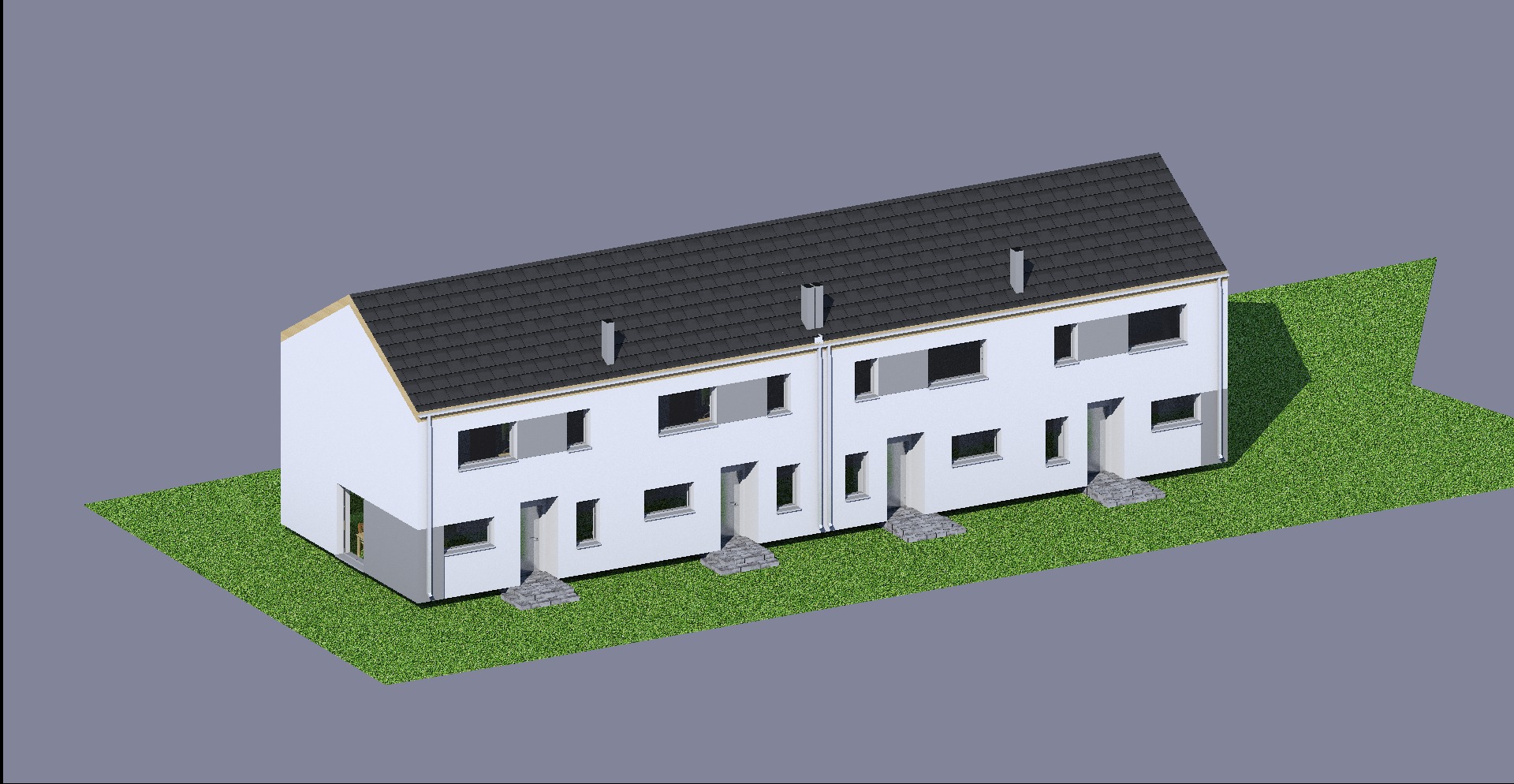 Wizualizacja szeregu trzech identycznych domów z dwuspadowymi dachami i małymi kominami, na trawiastym terenie, z szarym tłem.