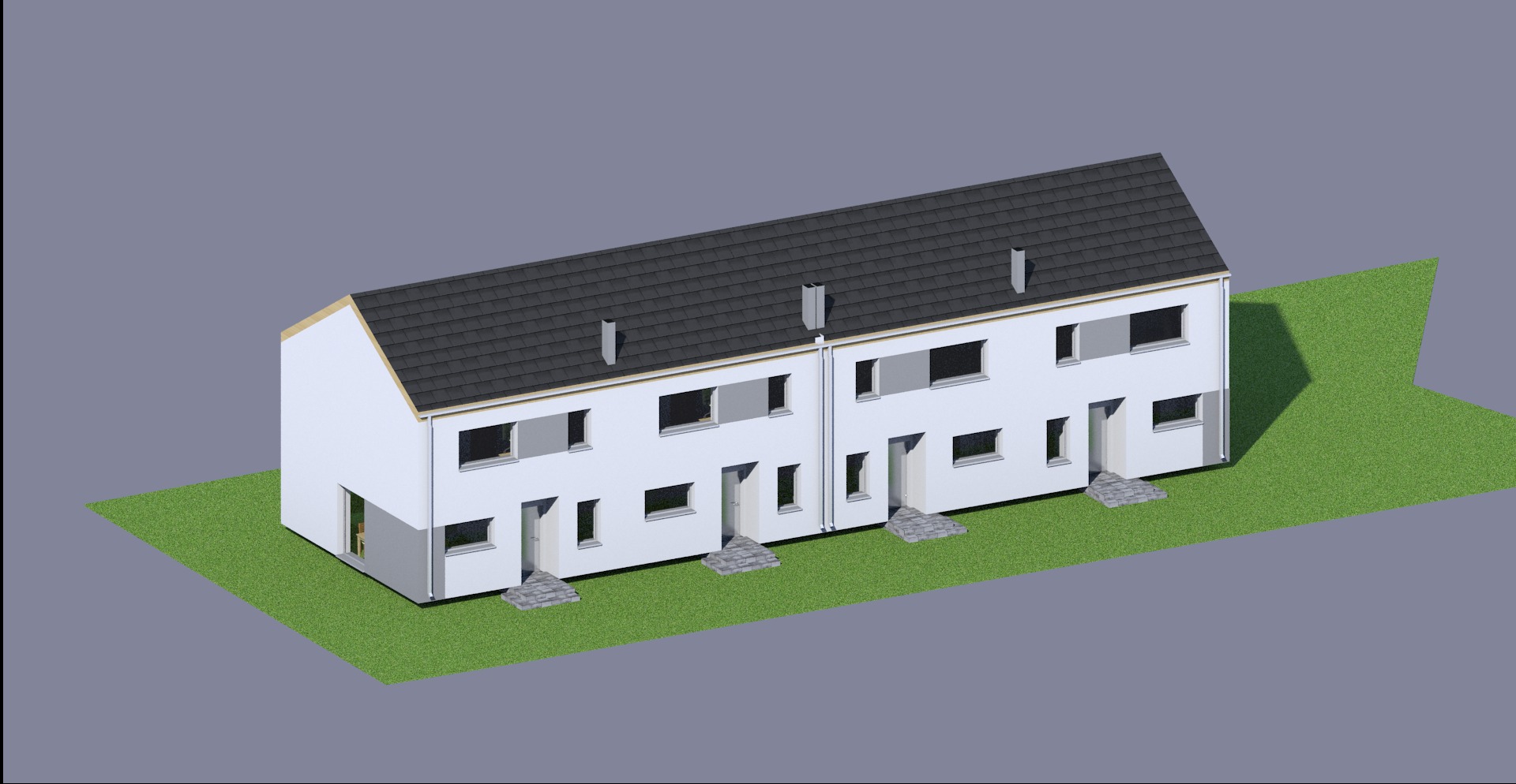 Wizualizacja 3D szeregu identycznych domów dwukondygnacyjnych z szarymi dachami i białymi elewacjami, otoczonych trawiastą przestrzenią na szarym tle.